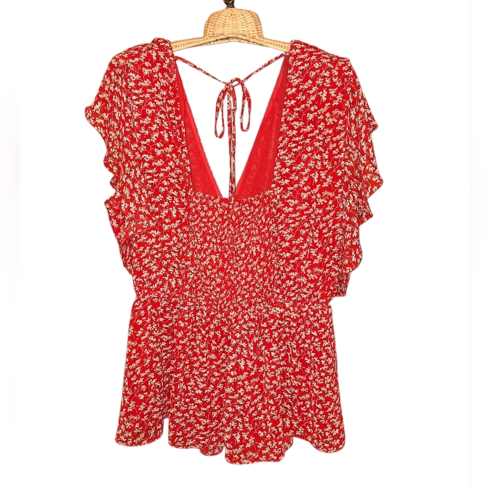 Loralette Red Floral Peasant Flouncy Tie Neck Short Sleeved Blouse Ladies 20